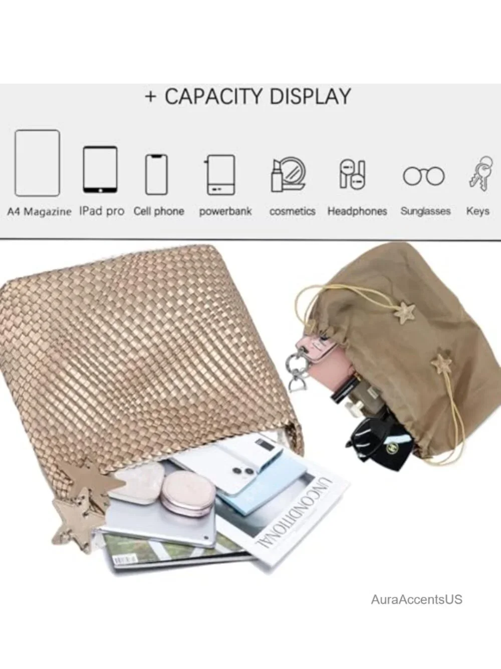 Woven Tote Bag with Clutch Set - Vegan Leather Shoulder Handbag, Magnetic